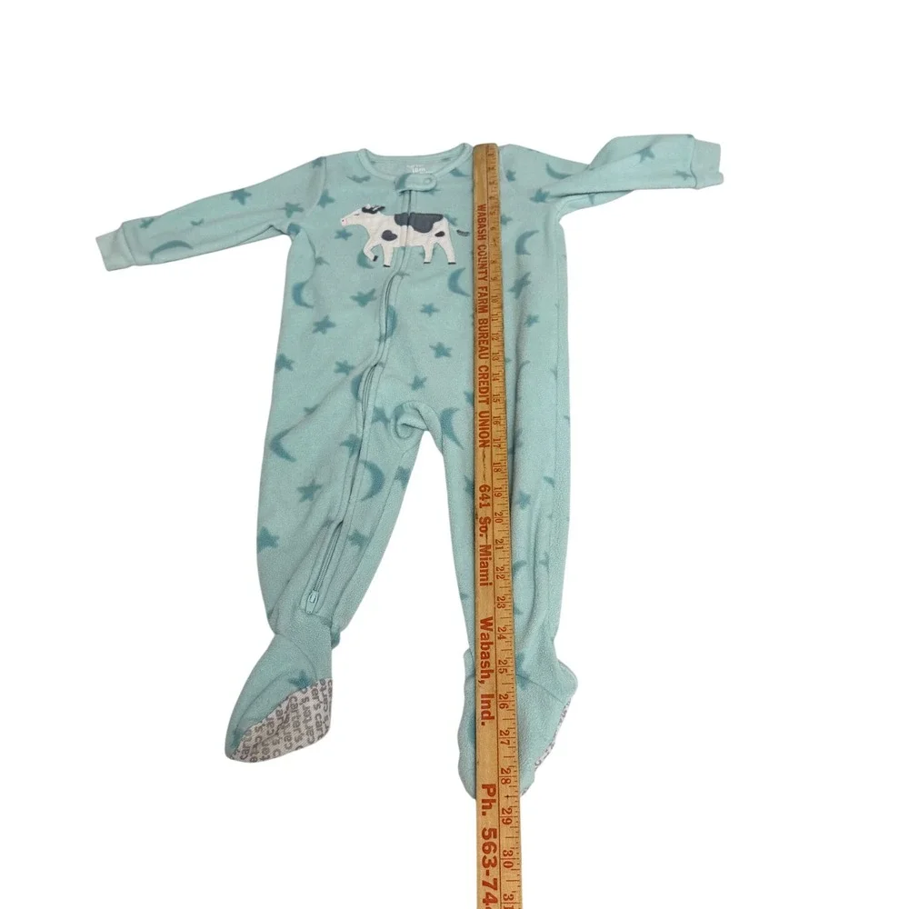 Carters 18M Fleece Footed Pajamas Set 2 Pack Owl Heart Cow Star Gray Aqua Blue